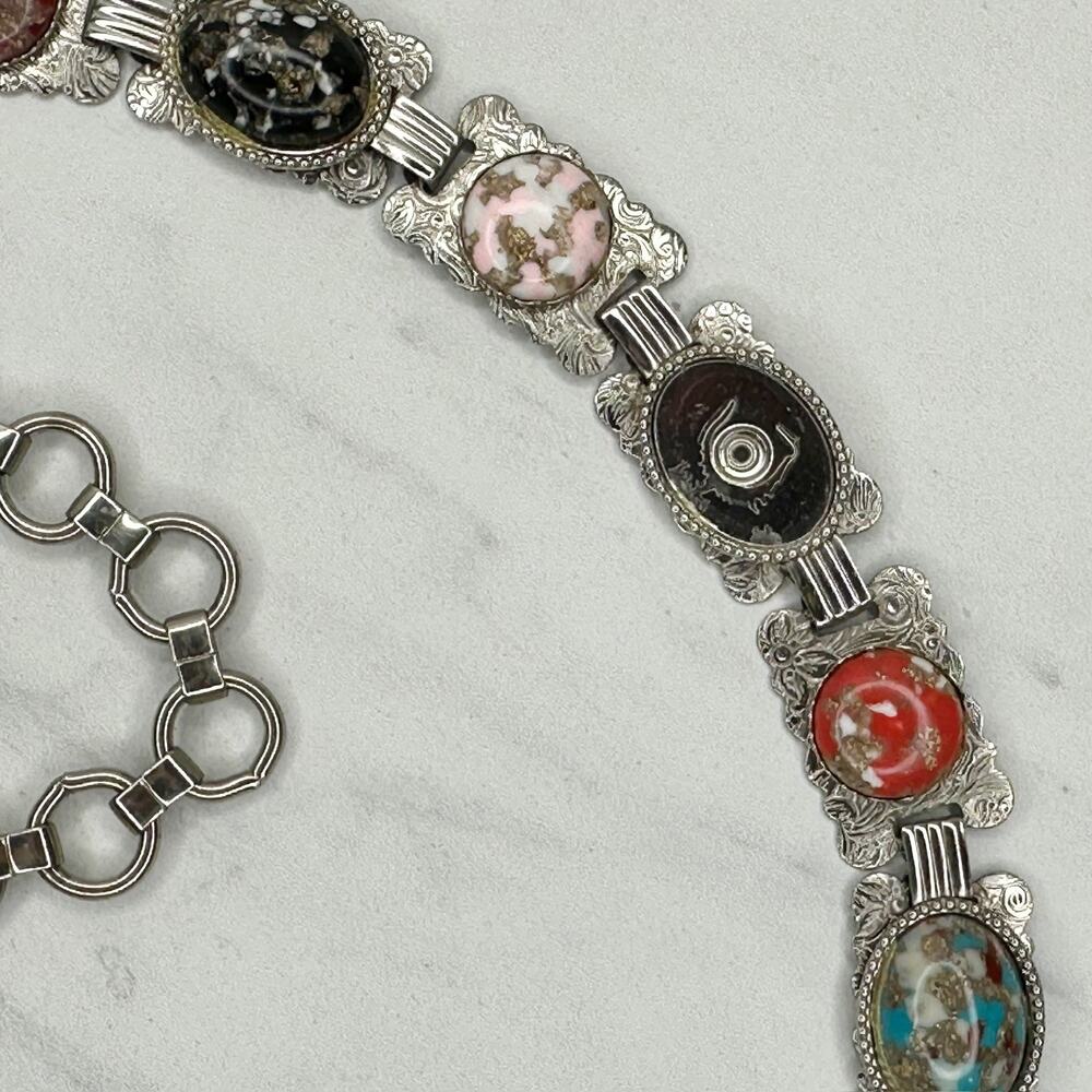 Multicolor Cabochon Concho Silver Tone Chain Link Belt Small/Medium (S/M) Boho ✨ - Picture 5 of 11
